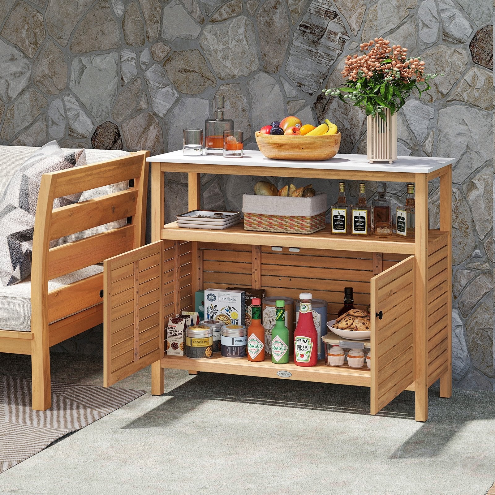 Patio Wood Storage Cabinet Outdoor Acacia Wood Buffet Cabinet