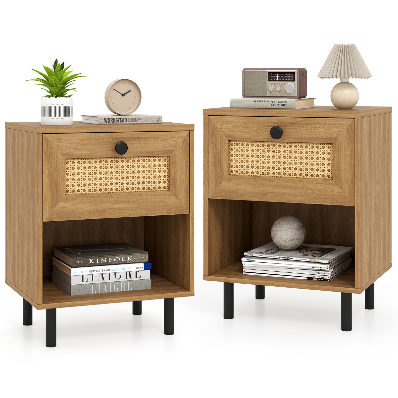 Rattan Nightstand Boho End Table with Rattan Drawer and Open Shelf Set of 2-Natural