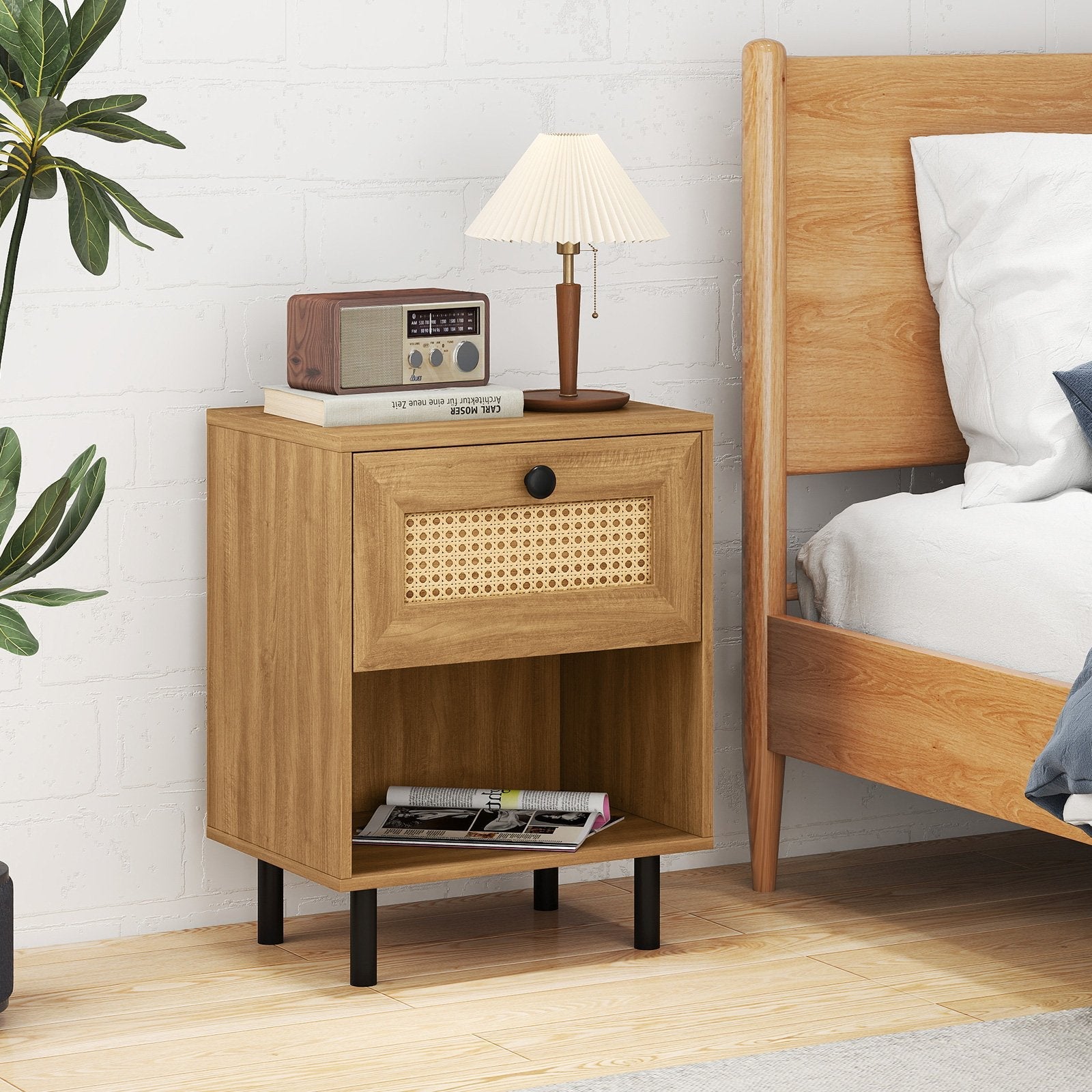 Rattan Nightstand Boho End Table with Rattan Drawer and Open Shelf-Natural