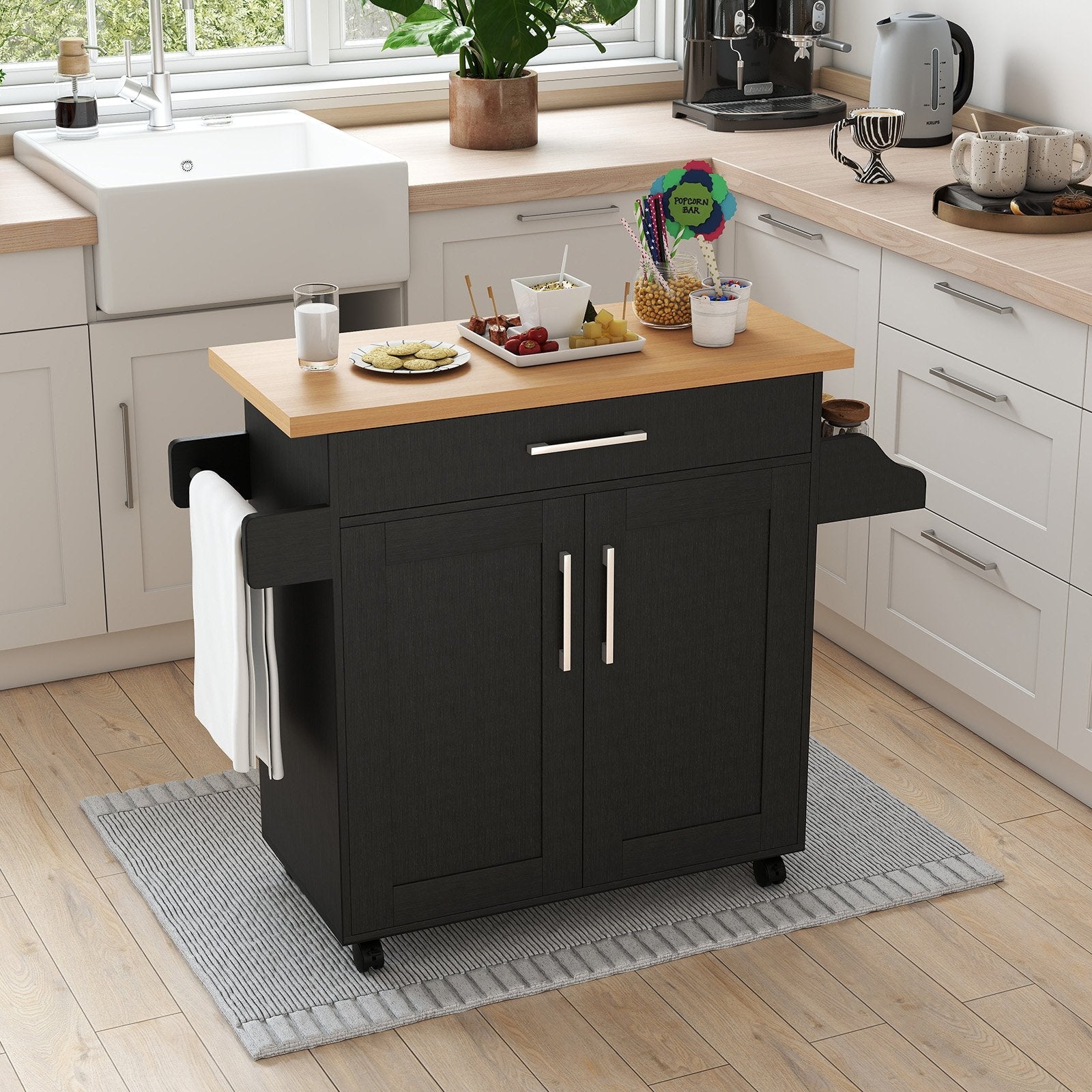 Rolling Kitchen Island Cart with Towel and Spice Rack-Black