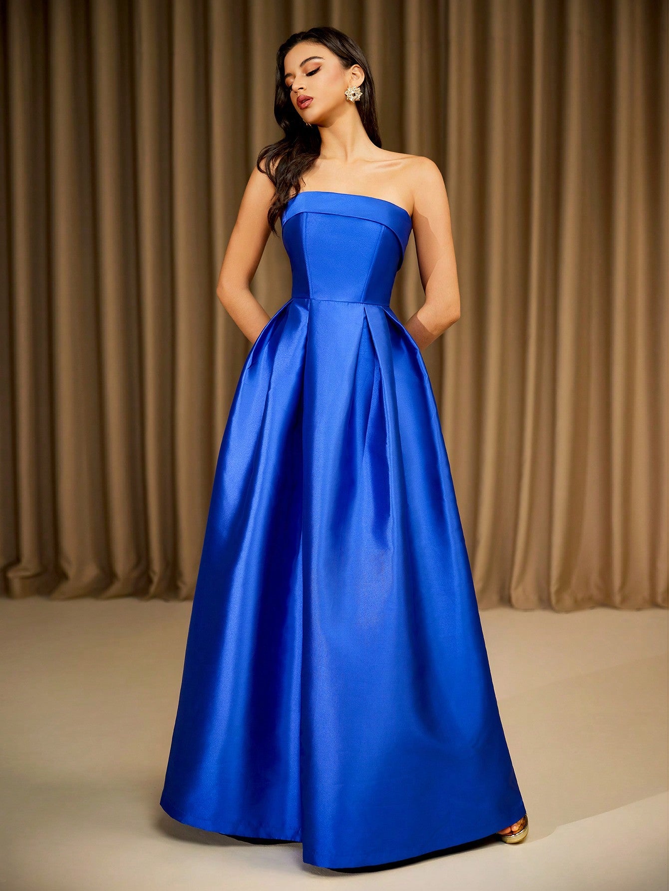 Strapless Taffeta Puffy Maxi Dress - Royal Blue