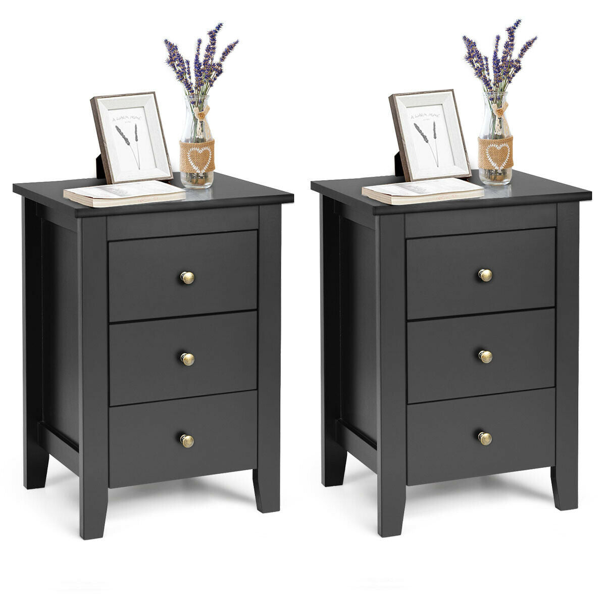 Set of 2 Nightstand End Beside Table Drawers-Black