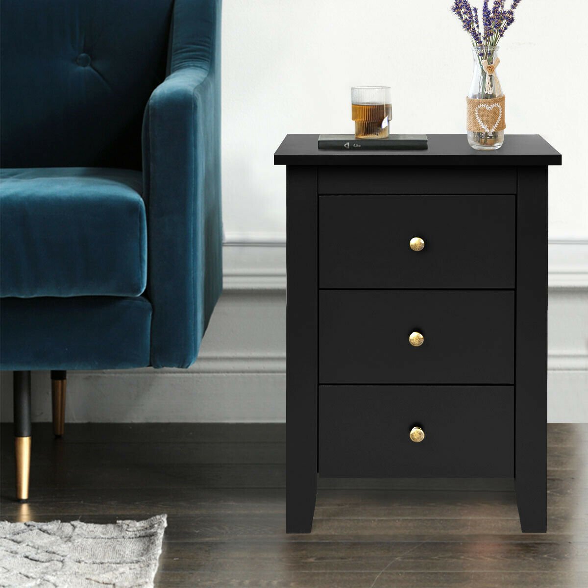 Set of 2 Nightstand End Beside Table Drawers-Black
