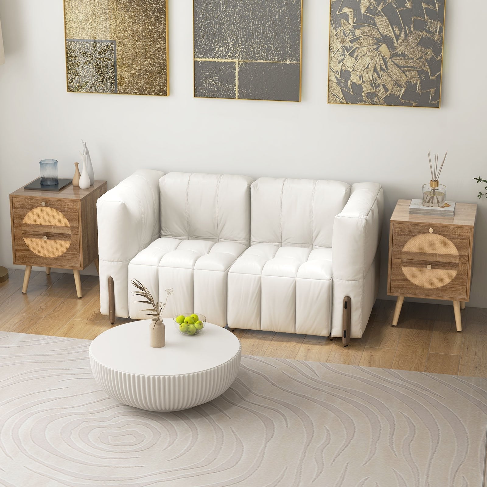 Set of 2 Rattan Nightstand with 2 Drawers and Solid Wood Legs-Natual