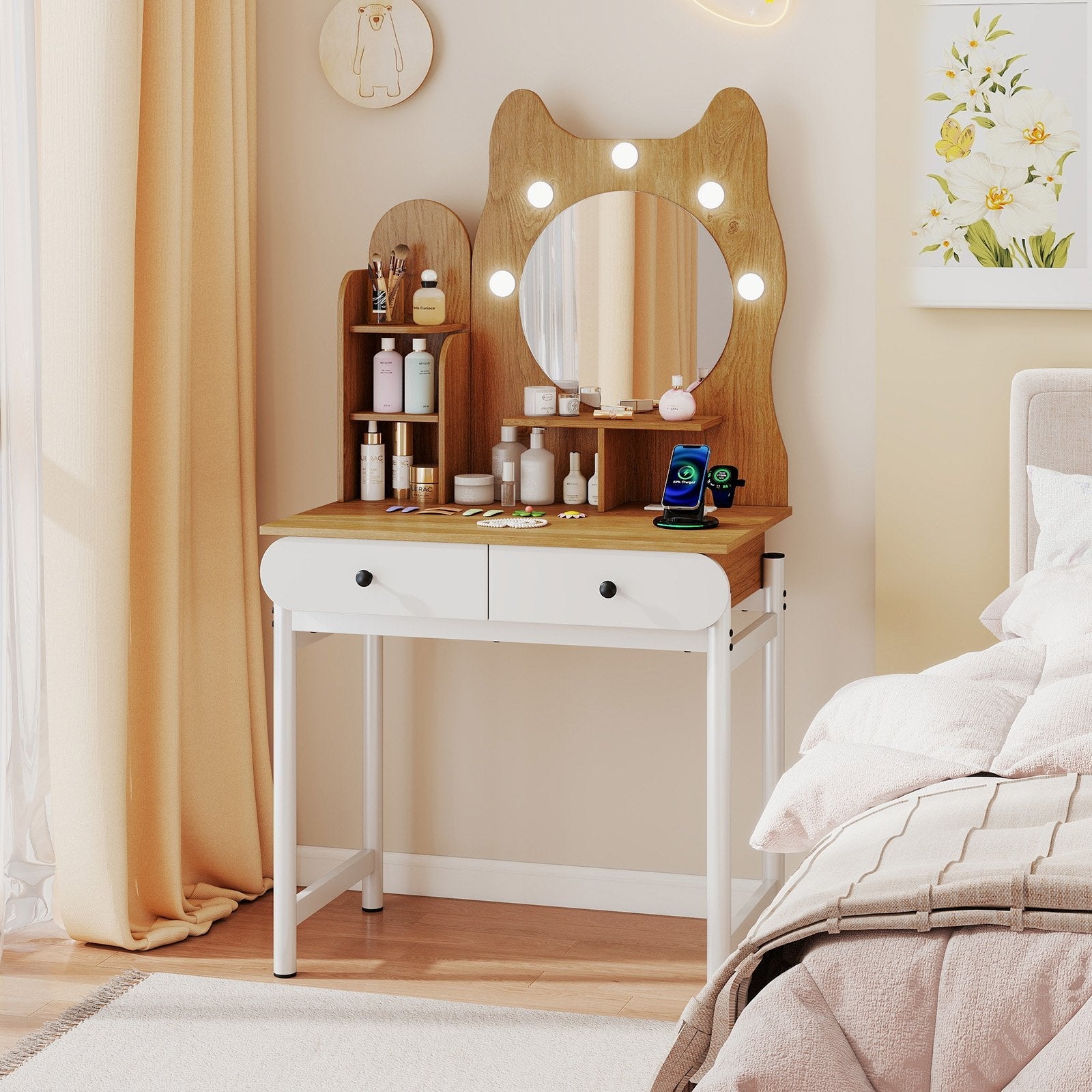 Small Vanity Desk with Mirror and Lights Cute Kitty Makeup Table with Power Outlets-Natural