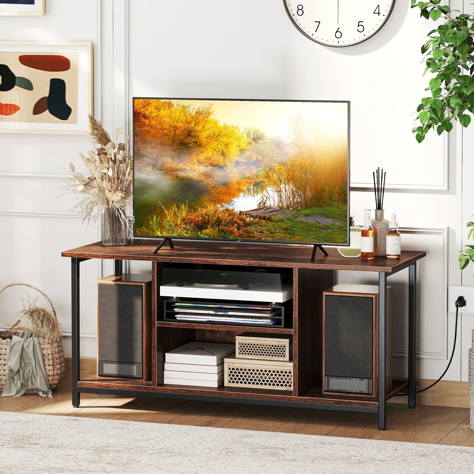 TV Stand Entertainment Center with Open Storage Shelves and Power Outlets to 50 Inches-Rustic Brown