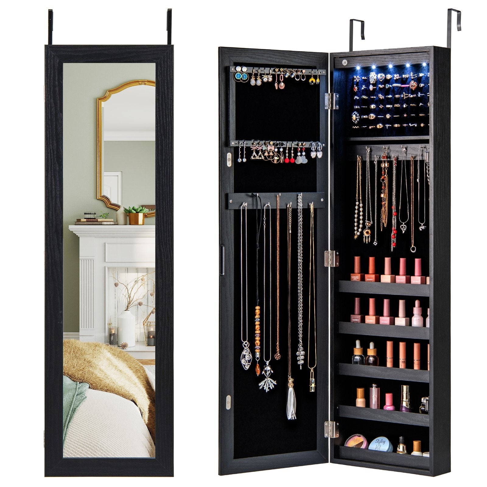 Wall or Door Mounted Jewelry Cabinet with Full-Length Mirror and LED Lights-Black
