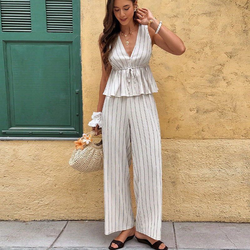 Striped Sleeveless Top Straight-leg Trousers Suit Two-piece Vest Set