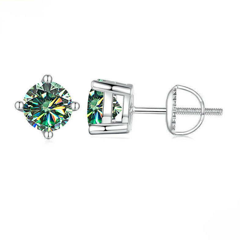 S925 Sterling Silver Green Four-claw Moissanite Stud Earrings