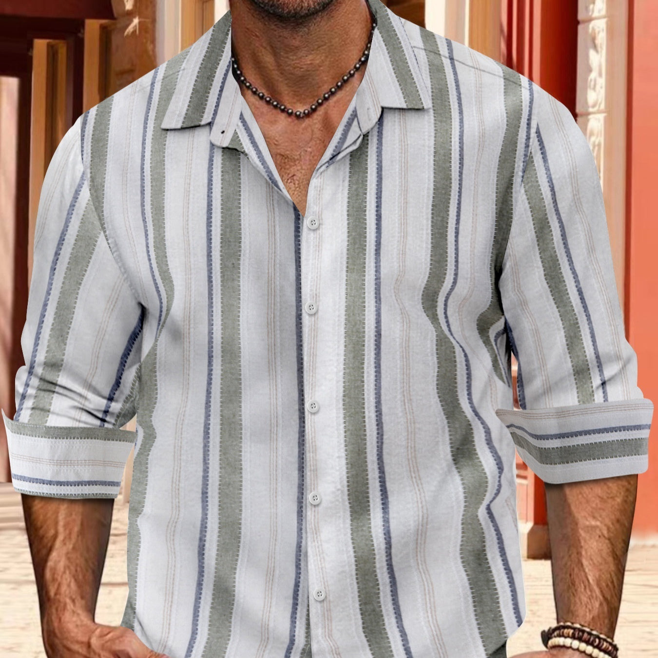 Striped Cotton And Linen Men's Lapel Long-sleeved Shirt