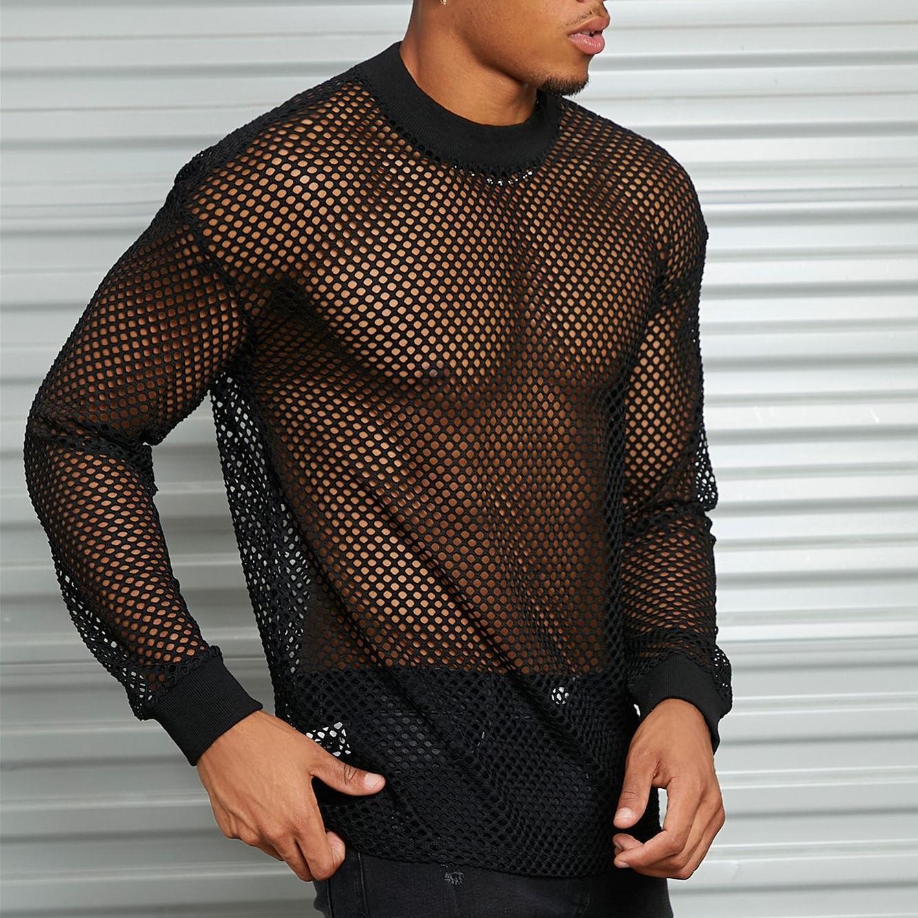 Men's Drop Shoulder See-through Mesh Hollow Bottoming Shirt Fashion