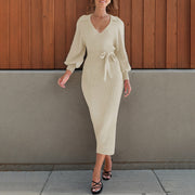 Elegant Commuter Sweater V-neck Lace-up High Waist Women's Dress