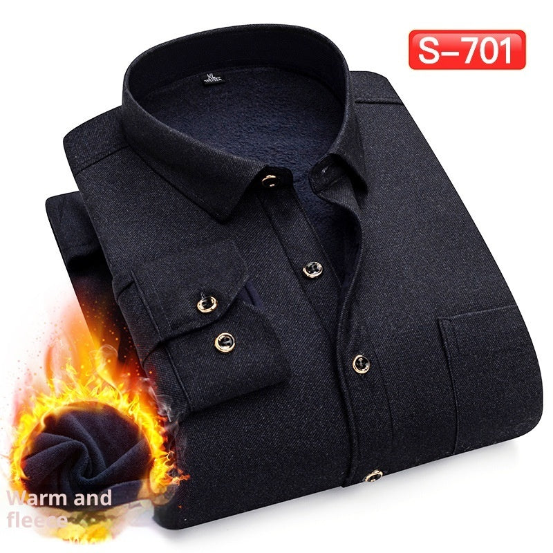Autumn And Winter Warm Shirt Men's Long Sleeve Middle-aged Fleece Lined Padded Shirt