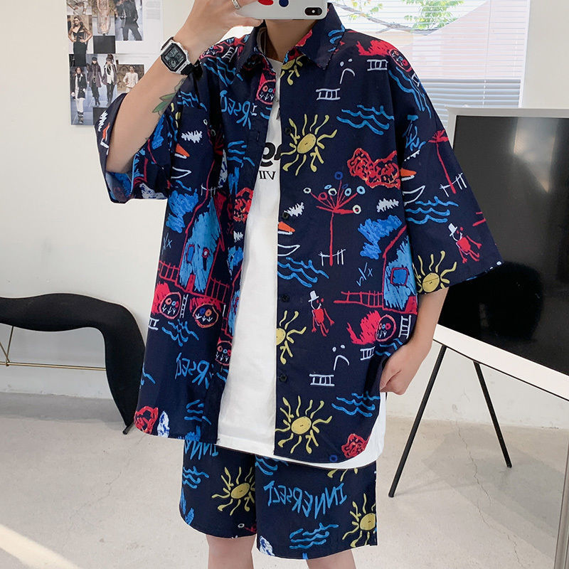 Fashion Ice Silk Short Sleeve Flower Shirt Suit For Men