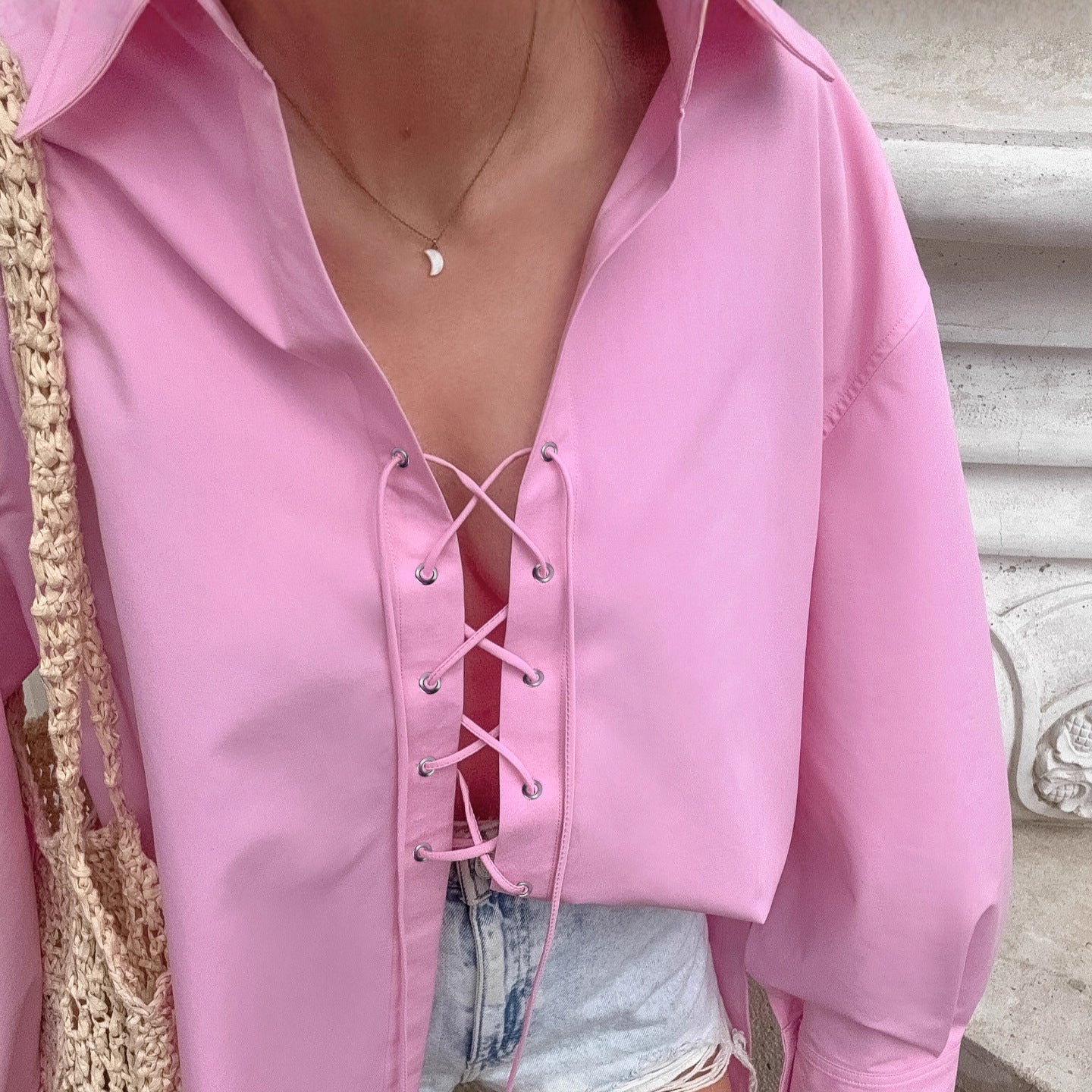 Women's All-matching Lapel Rope Lace-up Long Sleeve Shirt