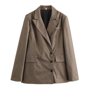 Female Loose And Casual Khaki Plaid Mid-length Suit Coat