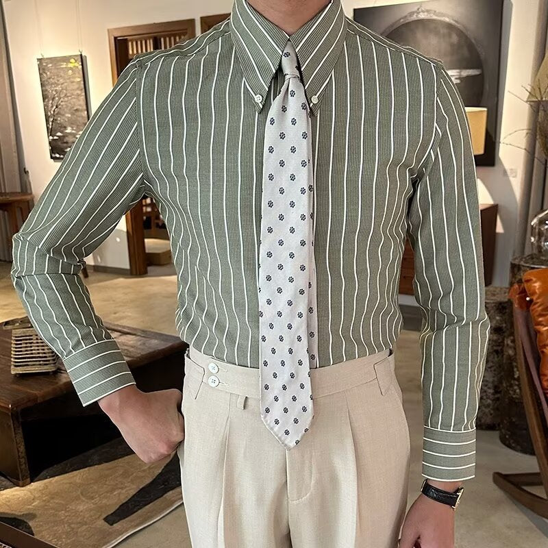 Lapel Vintage Stripe Versatile Slim-fit Long Sleeve Shirt