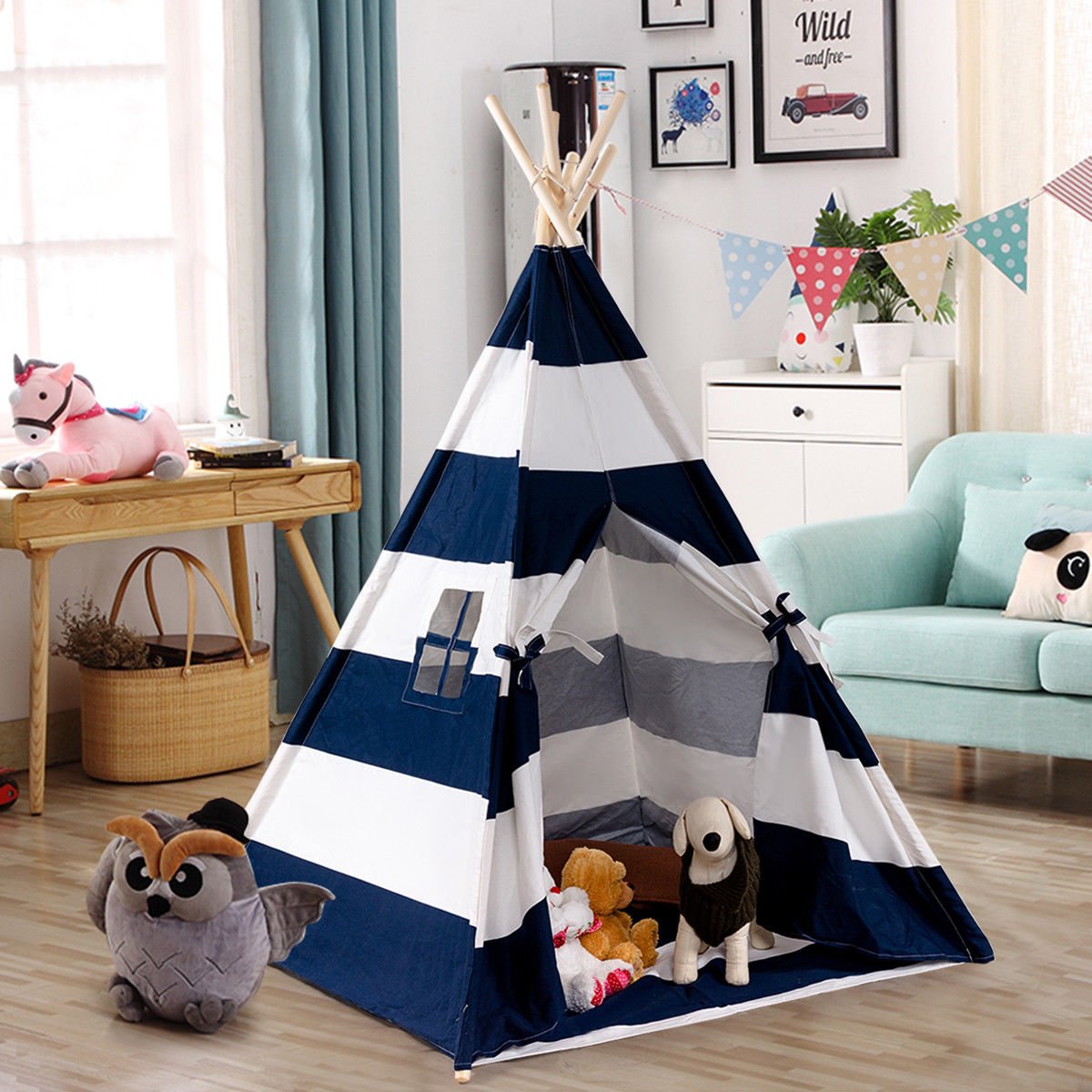 5' White & Blue Portable Indian Children Sleeping Dome Play Tent-Blue