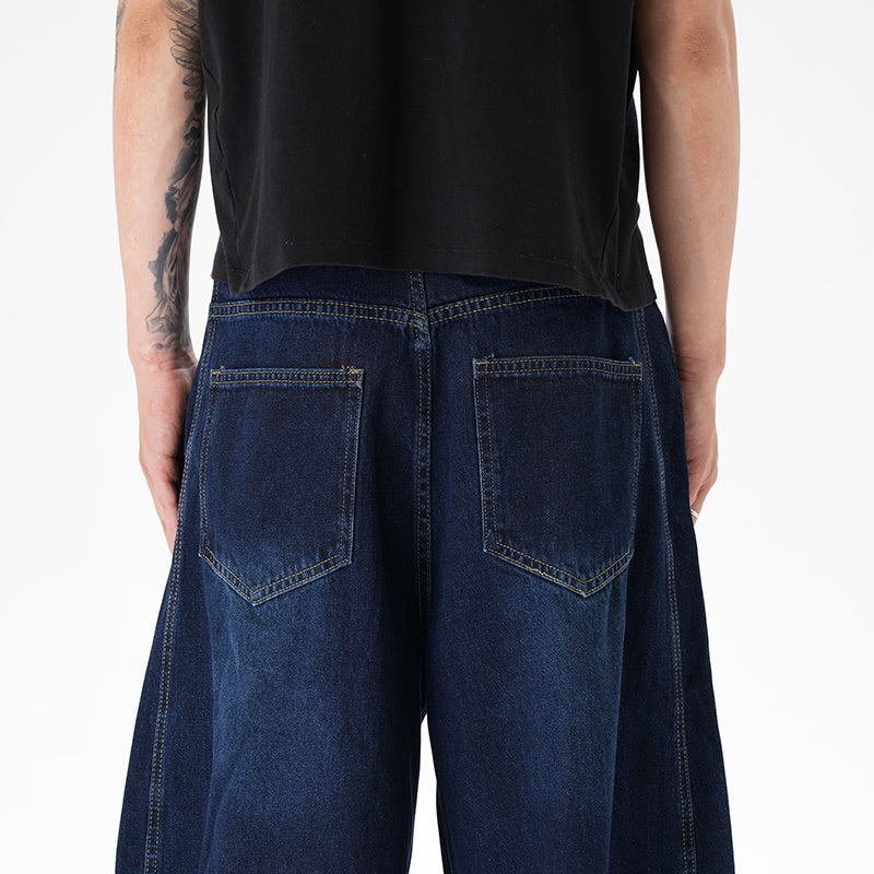 Washed Distressed Dark Blue Wide Leg Machete Jeans
