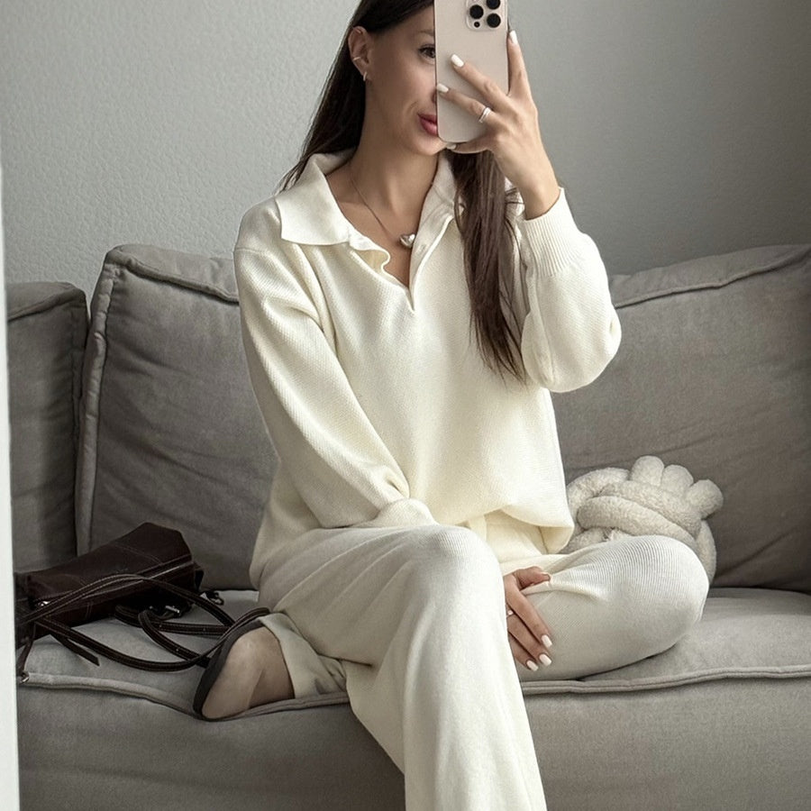 Vintage Casual All-matching Polo Lapel Knitted Sweater Two-piece Overskirt Suit