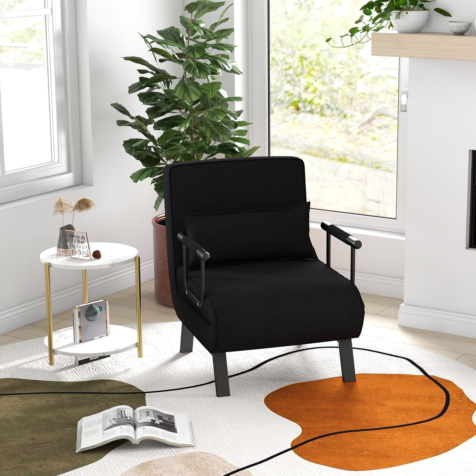 Folding 6 Position Convertible Sleeper Bed Armchair Lounge Couch with Pillow-Black