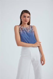 Crew Neck Ombre Floral Printed Georgette Top - Blue