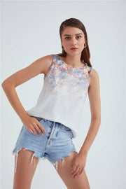 Crew Neck Ombre Floral Printed Georgette Top - White