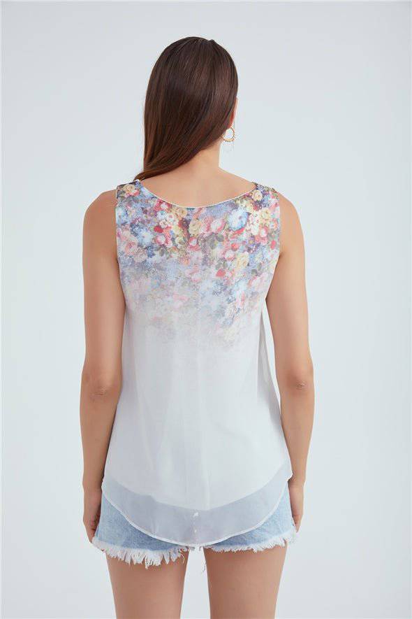 Crew Neck Ombre Floral Printed Georgette Top - White