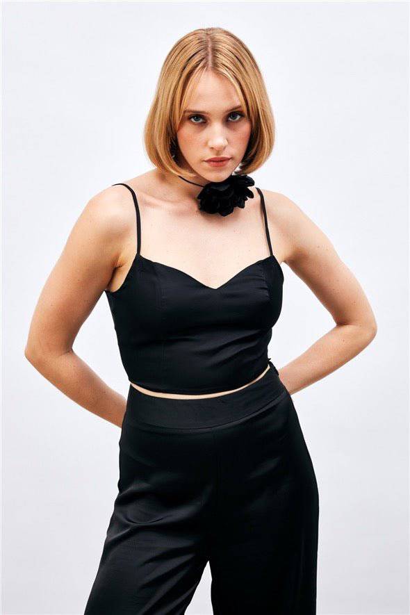 (Basic) Satin Crop Top  with String Straps - Black