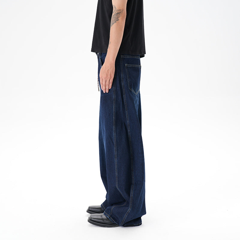 Washed Distressed Dark Blue Wide Leg Machete Jeans
