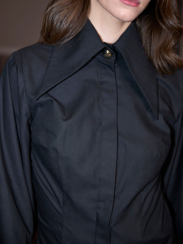 Black Oversized Collar Balloon Sleeve Shirt