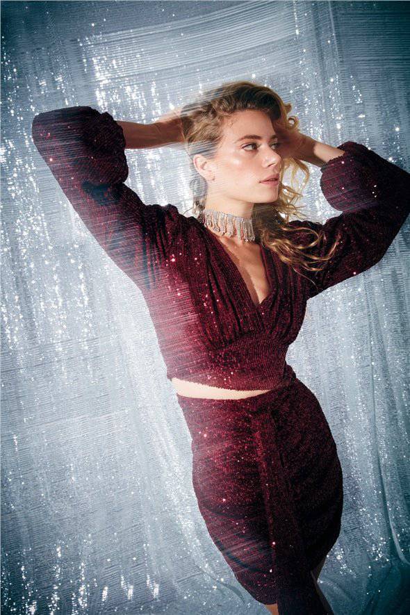 Double Breasted Sequined Wrap Crop Blouse - Red