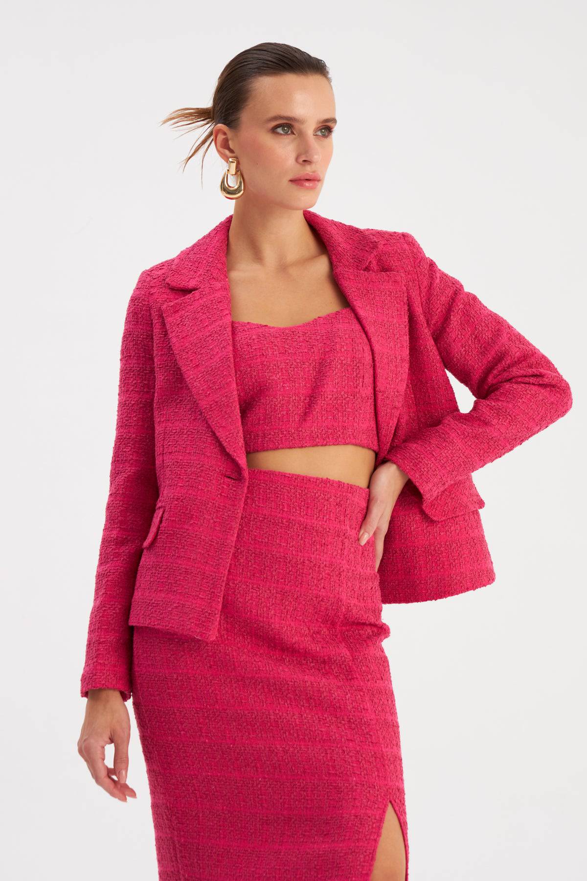 Strap Tweed Crop Blouse - Fuchsia