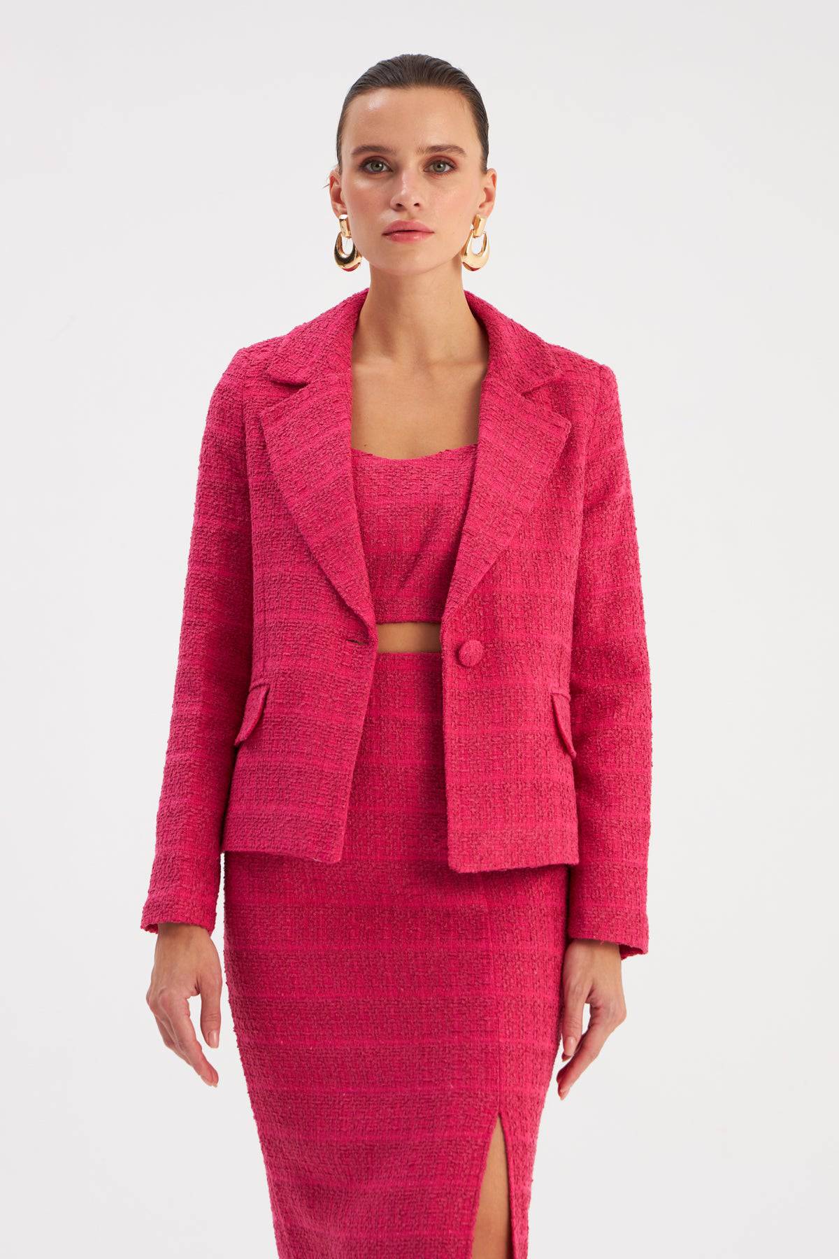 Strap Tweed Crop Blouse - Fuchsia