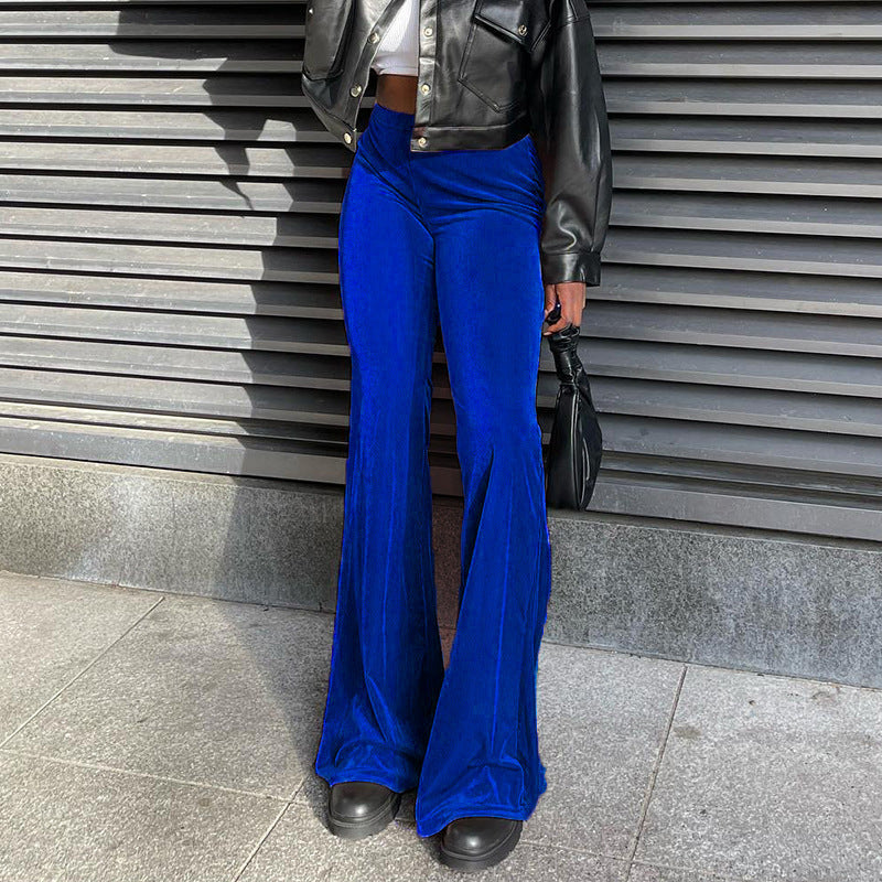 Solid Color Velvet Elastic High Waist Slim Casual Flared Pants Women's Fashion Trousers