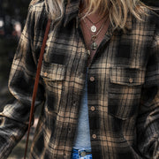 Women's Multi-color Retro Plaid Double-layer Flip Pocket Shirt
