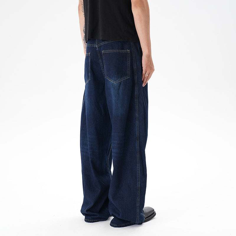 Washed Distressed Dark Blue Wide Leg Machete Jeans