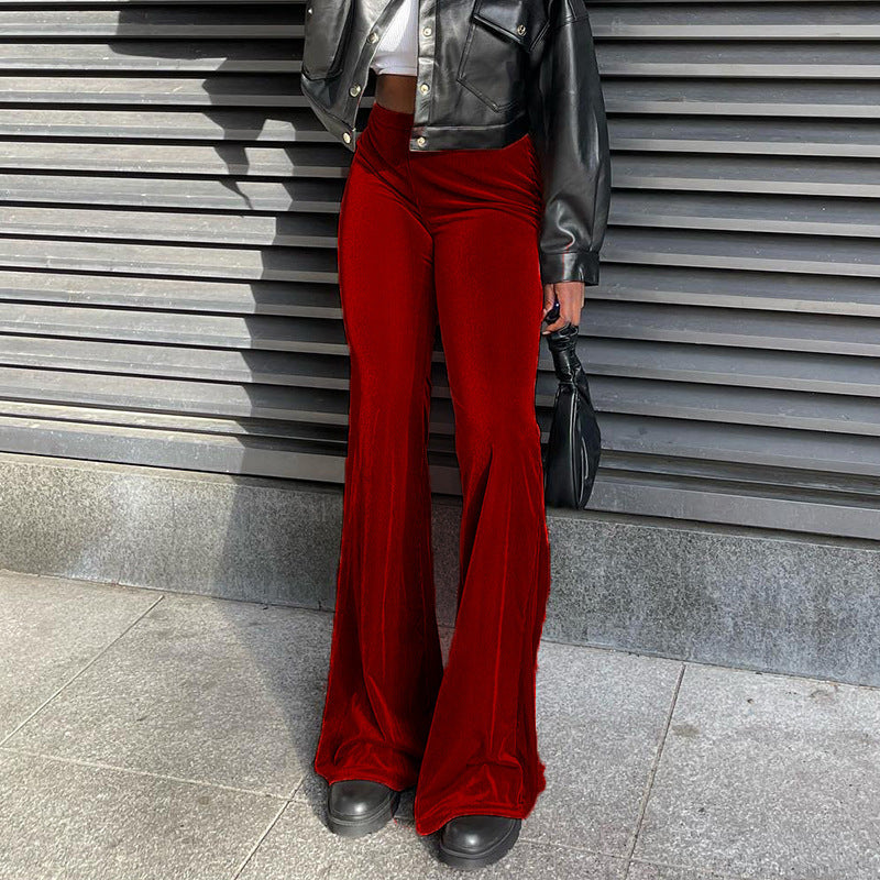 Solid Color Velvet Elastic High Waist Slim Casual Flared Pants Women's Fashion Trousers
