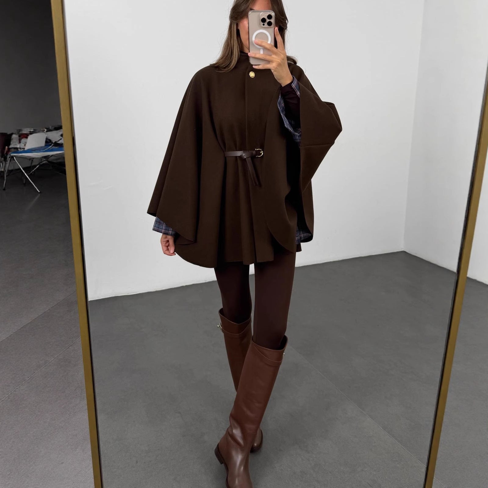 Winter Elegant Style Solid Color Waist Tight Woolen Cape Coat Mid-length