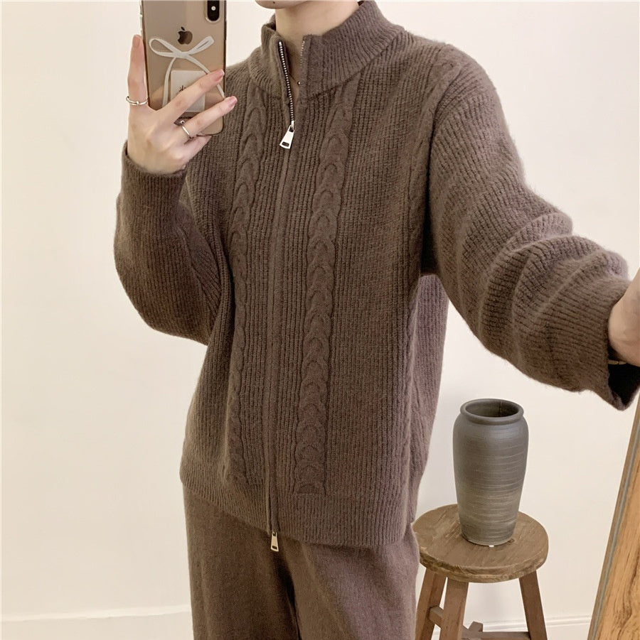 Women's Knitted Zipper Top And Trousers Suit