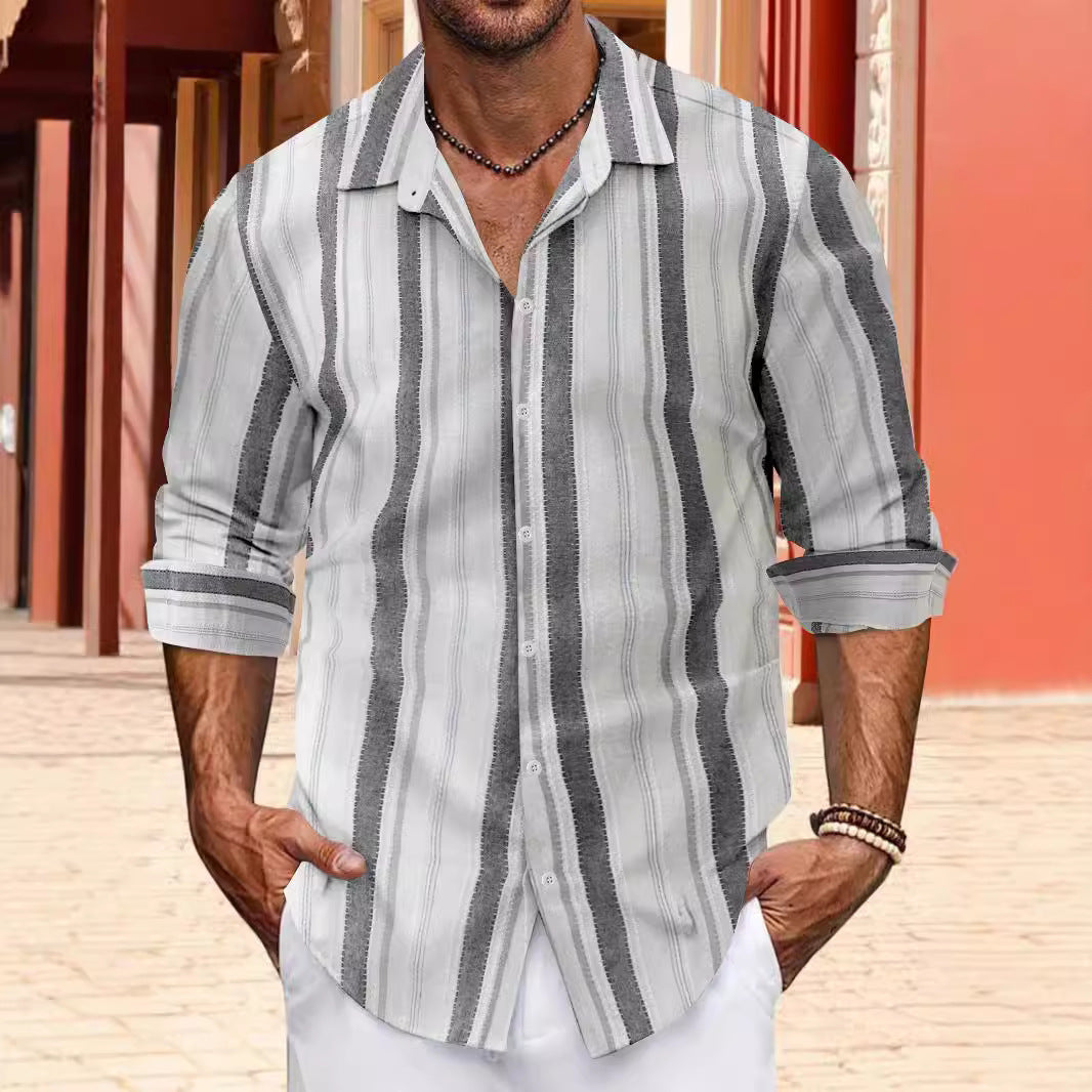Striped Cotton And Linen Men's Lapel Long-sleeved Shirt