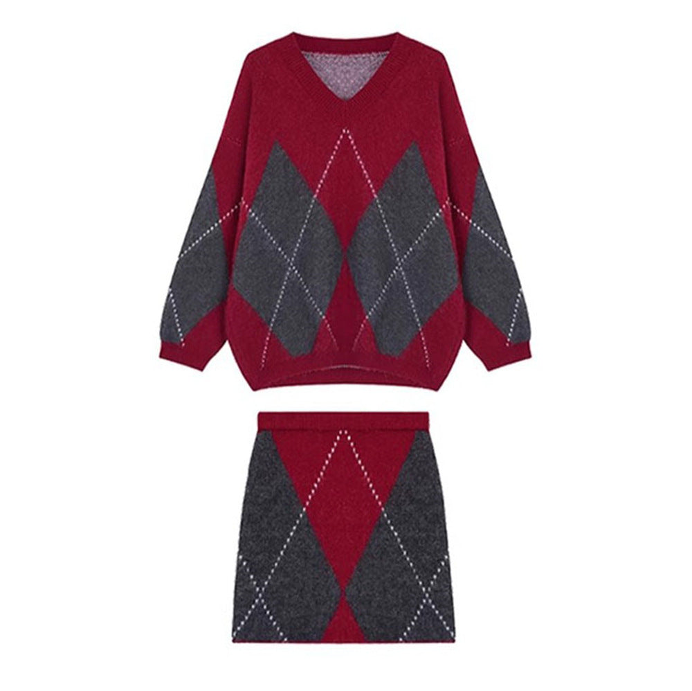 Fashionable Knitted A- Line Short Skirt Two-piece Set For Women