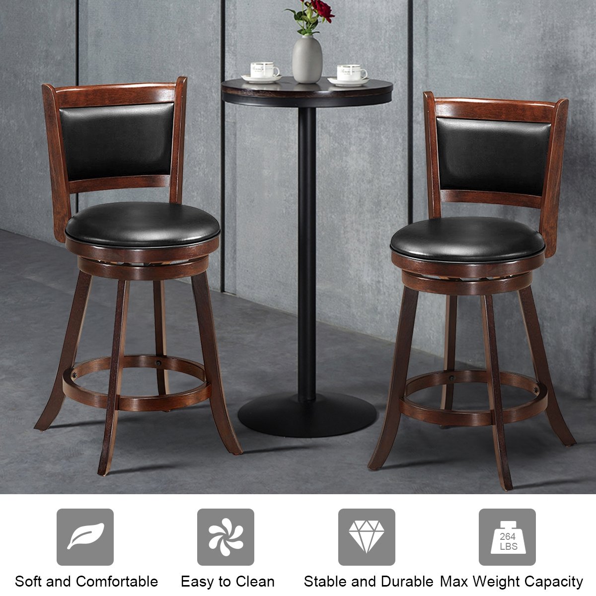 2 Pieces 24 Inch Swivel Counter Stool Dining Chair Upholstered Seat-Black