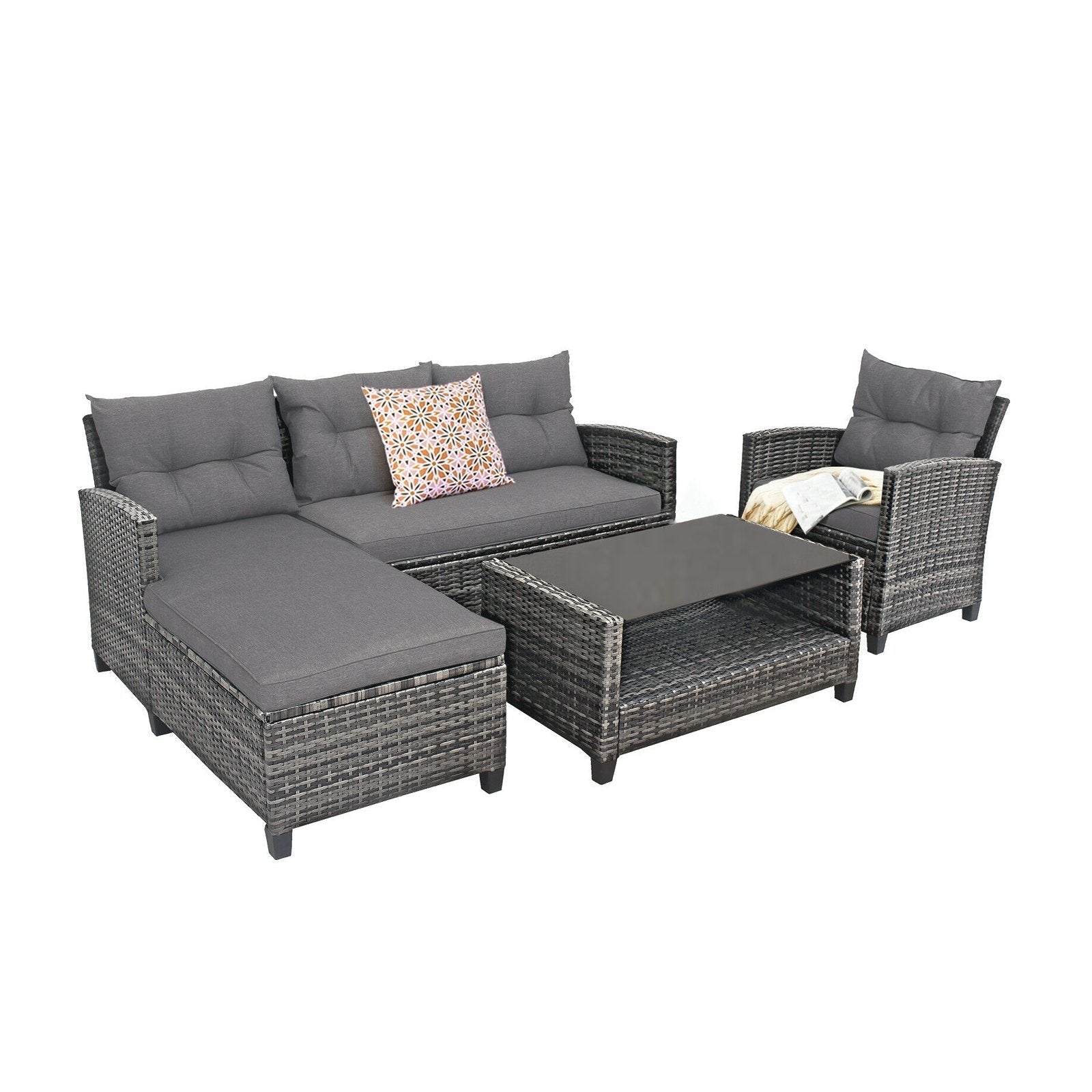 4 Pieces Patio Rattan Sofa Furniture Set with Cushion and 2-Tier Coffee Table-Black