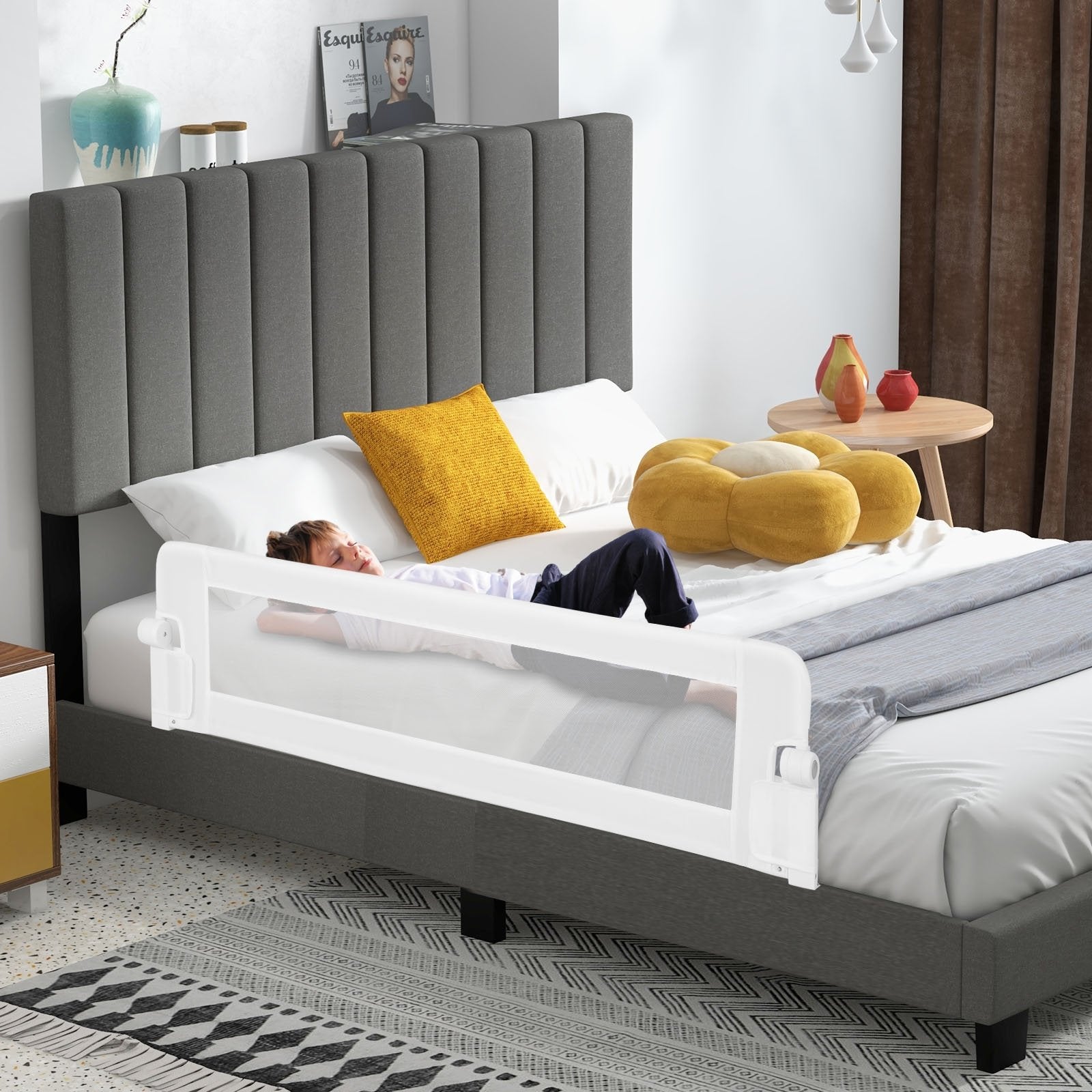 60-Inch Foldable Bed Rail Swing Down Baby Bed Guard Rail with Adjustable Safety Strap-Grey