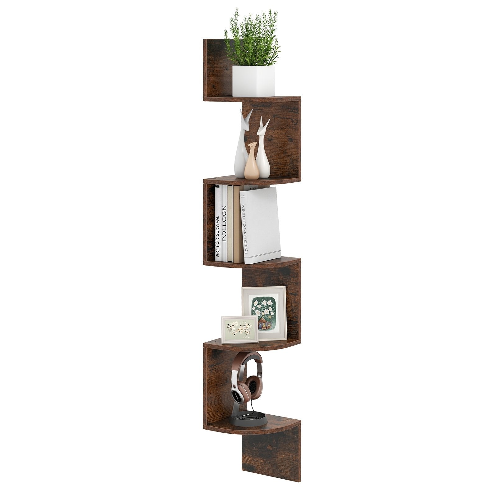 5-Tier Corner Shelf Floating Bookshelf Wall Mounted Storage Organizer-Oak