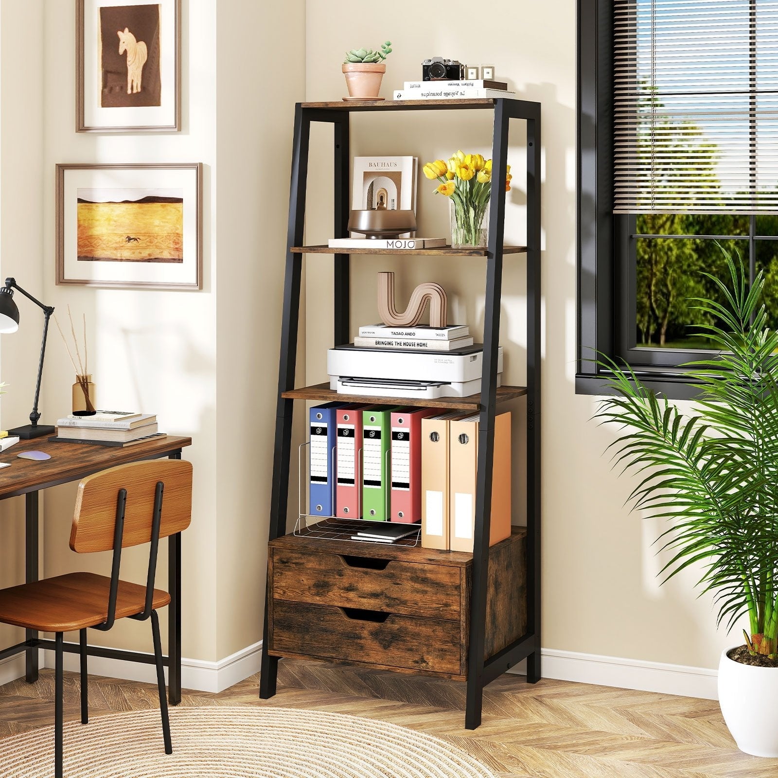 4-Tier Ladder Shelf with 2 Drawers 52.5 Inch Tall Freestanding Bookcase-Rustic Brown