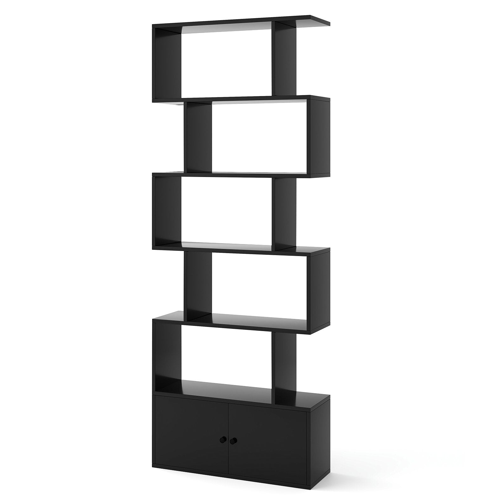 6-Tier S-Shaped Freestanding Bookshelf with Cabinet and Doors-Black