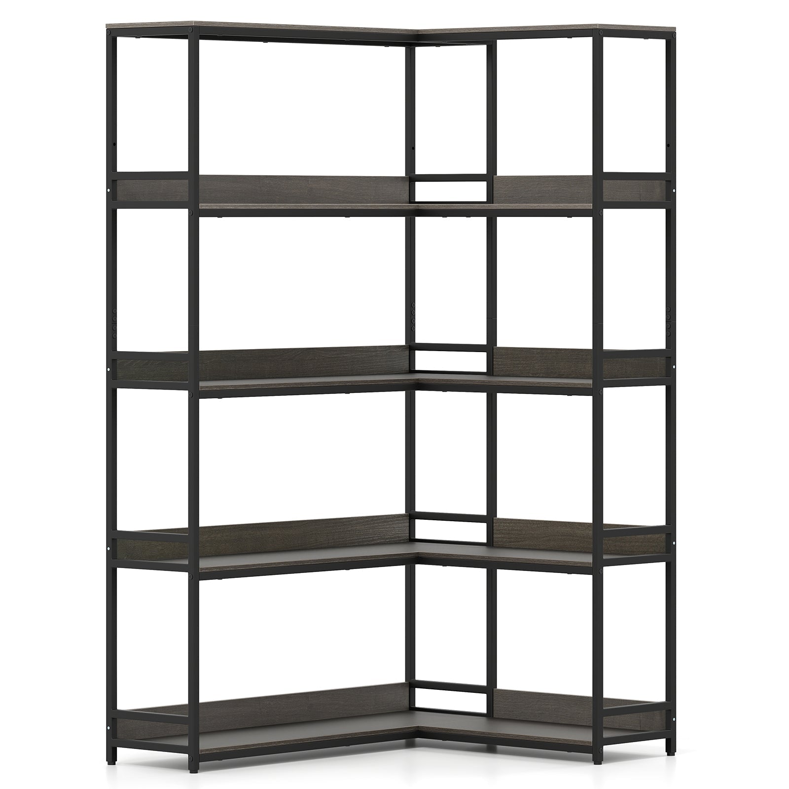 Corner Bookshelf 5-Tier L-Shaped Bookcase Etagere Bookshelf with Metal Frame-Oak