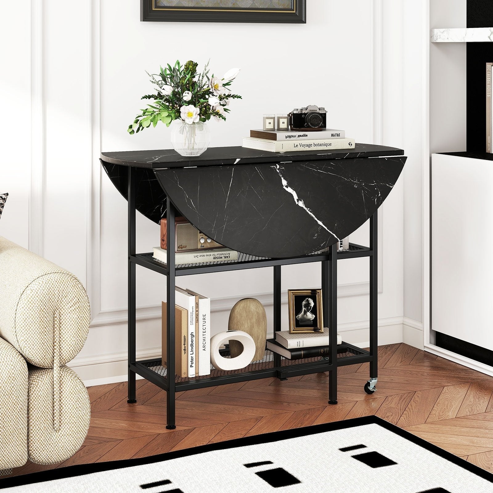 Folding Round Dining Table with Lockable Wheels-Black